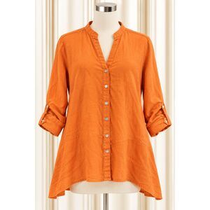 100% Linen Orange Button Front Tunic Lagenlook Large 119